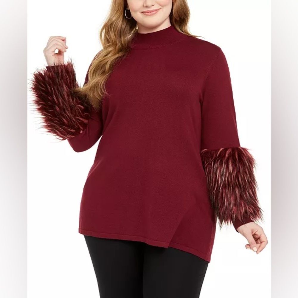 Alfani Plus Size Faux-Fur-Cuff Mock Neck Tunic Red Sweater Top XL Holiday Winter